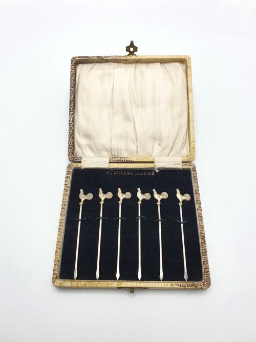 Nice Boxed Set of 6 Sterling Silver Cocktail Sticks - Circa 1930