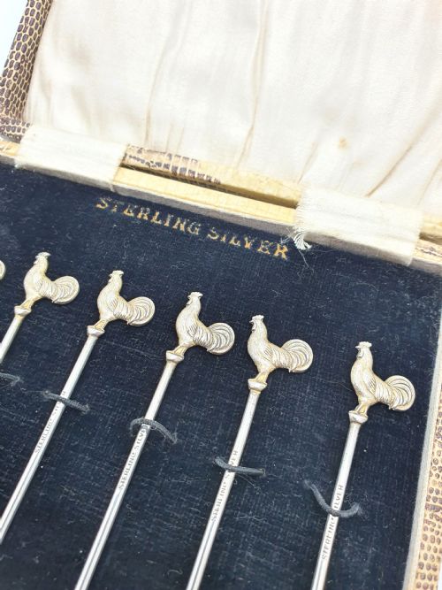 fig 1. Nice Boxed Set of 6 Sterling Silver Cocktail Sticks - circa 1930
