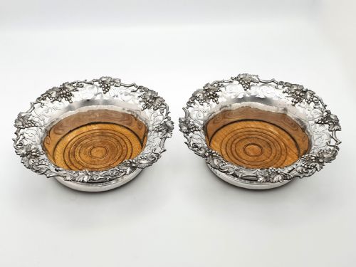 fig 1. Nice Pair of Antique Victorian Pierced Silver-Plated Wine Bottle Coasters with Grape & Vine Motifs – circa 1890