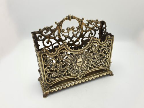 fig 1. Handsome Antique Victorian Ornate Brass Letter Rack with Pierced Scrollwork & Classical Mask Motif – circa 1890