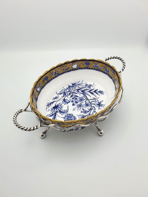 Lovely Antique English Blue and White China Bowl with Ornate Silver-plated Stand – Circa 1905