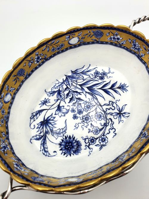 fig 1. Lovely Antique English Blue and White China Bowl with Ornate Silver-Plated Stand – circa 1905