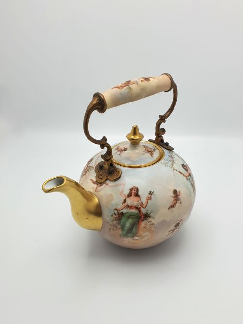 Wonderful Antique Continental Porcelain Kettle with Cherubs and Gilded Accents – Circa 1900