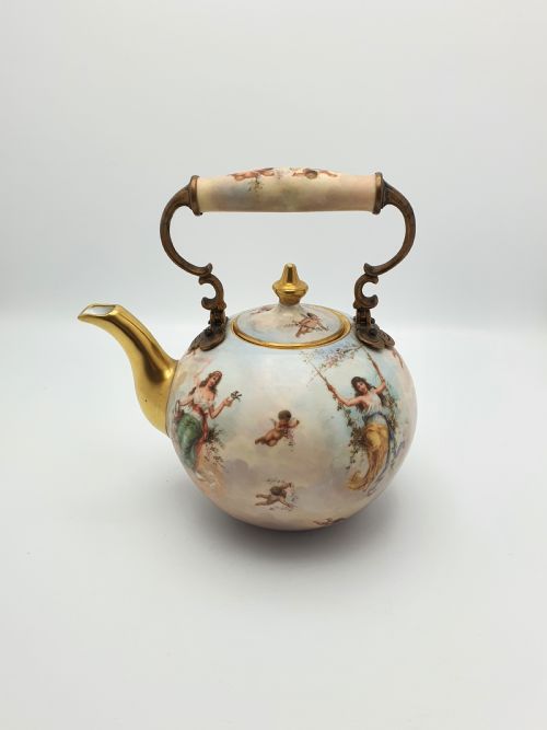 fig 1. Wonderful Antique Continental Porcelain Kettle with Cherubs and Gilded Accents – circa 1900