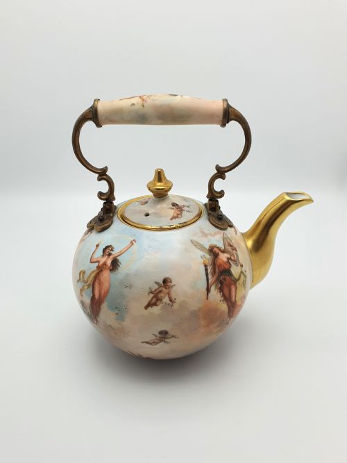fig 2. Wonderful Antique Continental Porcelain Kettle with Cherubs and Gilded Accents – circa 1900