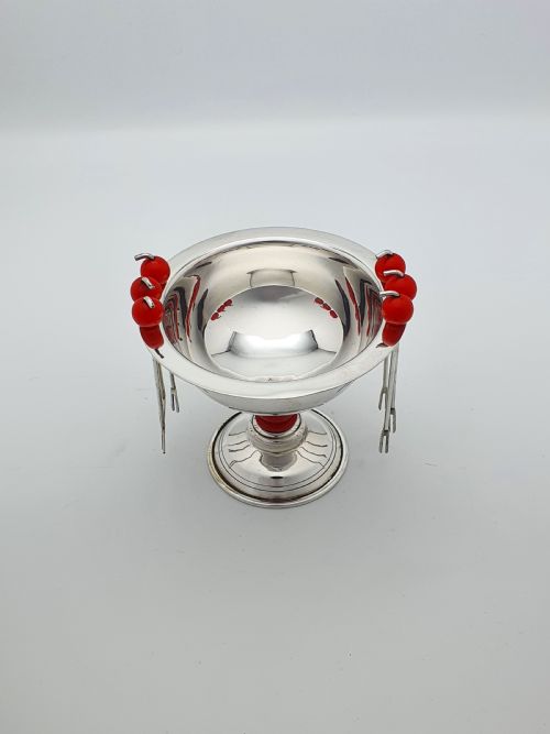 fig 1. Charming Mid-Century Silver-Plated Cocktail Pick Set with Cherry Red Accents – circa 1950