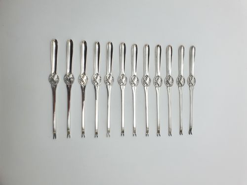 fig 1. Unusual Set of 12 Edwardian Silver-Plated Lobster Picks – circa 1905