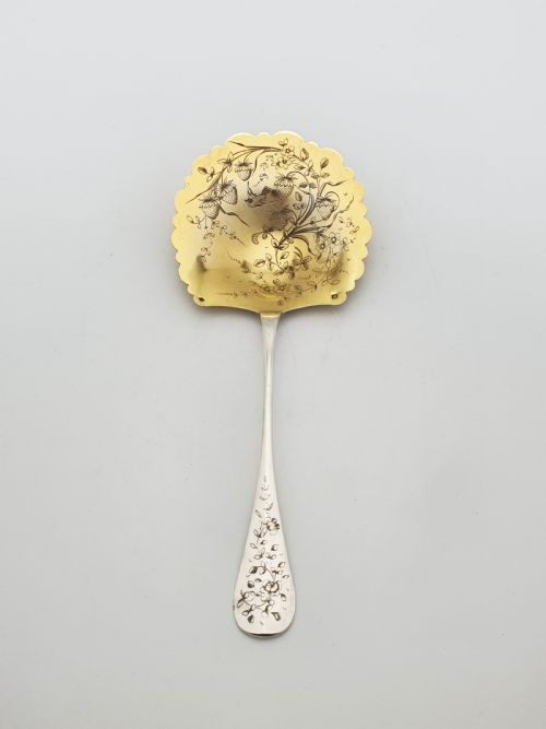 fig 1. Gorgeous Large Antique French Gilt Silver Strawberry Spoon – circa 1900