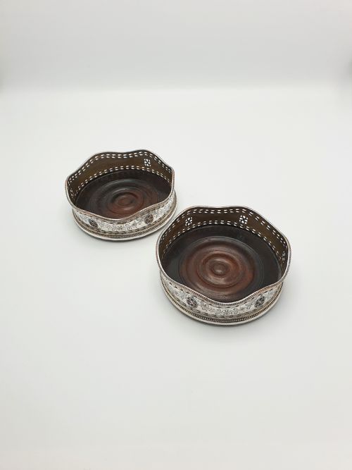 fig 1. Lovely Pair of Antique Edwardian Silver Plate & Mahogany Wine Coasters – circa 1905