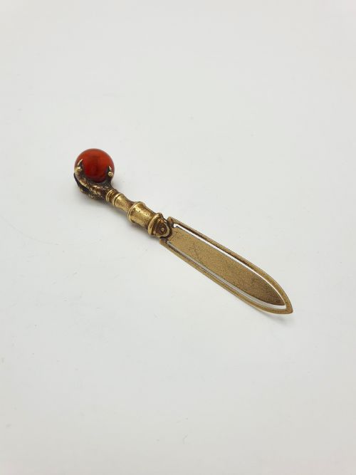 Nice Antique Victorian Brass Page Marker with Claw and Red Agate Finial – Circa 1890