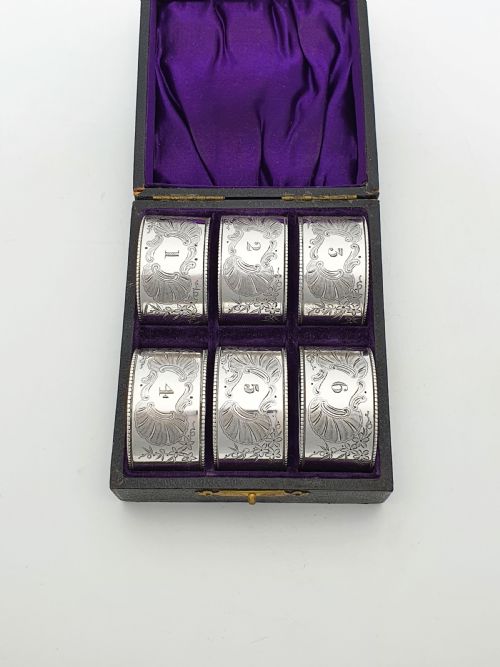 fig 1. Boxed Set of 6 Antique Victorian Silver-Plated Numbered Napkin Rings – circa 1890