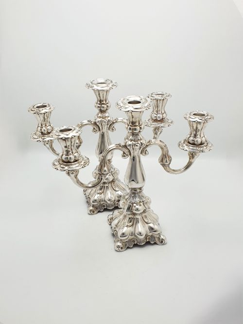 Lovely Pair of Ornate Italian Rococo Revival Style Silver-plated Candelabra – Circa 1920