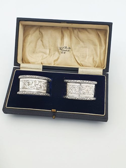 fig 1. Lovely Pair of Edwardian Sterling Silver Napkin Rings in Fitted Case - 1906