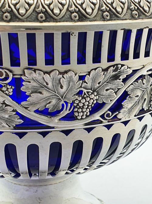 FABULOUS LARGE ANTIQUE GERMAN 800 SILVER COBALT BLUE GLASS CENTREPIECE BOWL CIRCA 1900 - ADDITIONAL PHOTO 1