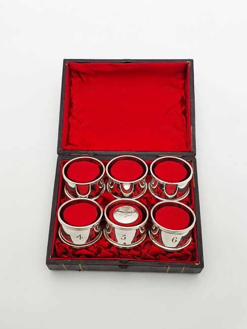 fig 1. Antique Set of Six Numbered Silver-Plated Napkin Rings in Original Fitted Case – circa 1920