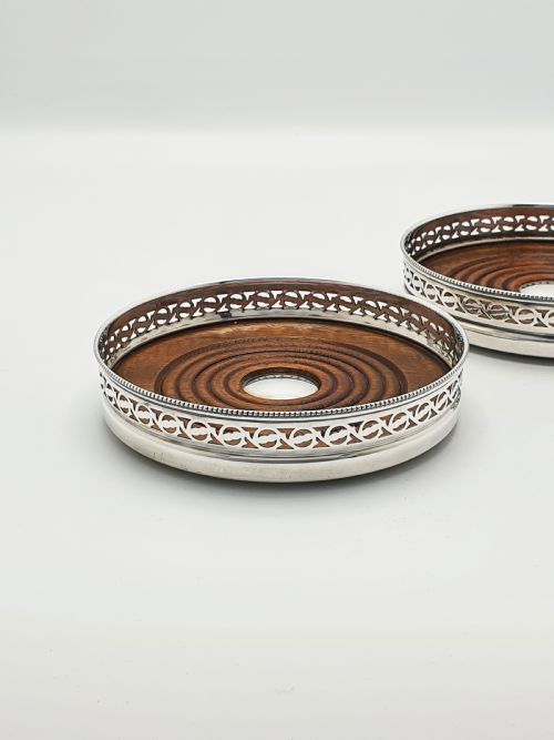 fig 1. Pair of Antique Silver-Plated Mappin & Webb Wine Coasters with Pierced Gallery – circa 1920