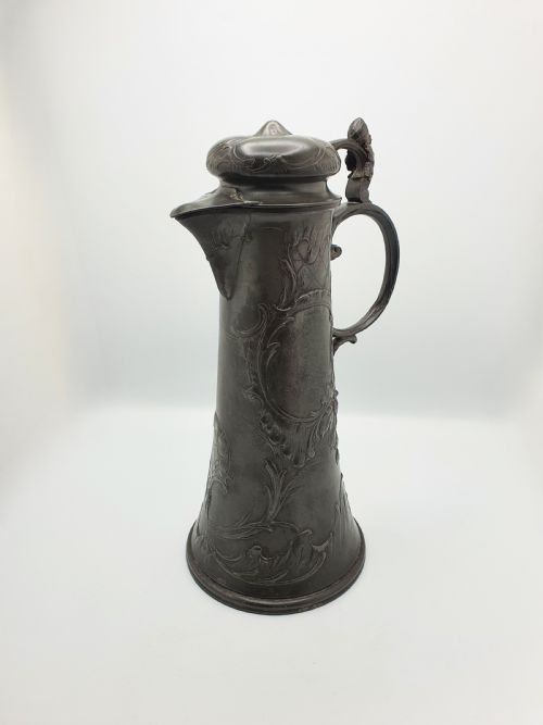 GIANT GERMAN ART NOUVEAU PEWTER BEER FLAGON WITH HOPS DECORATION CIRCA 1900 - ADDITIONAL PHOTO 1