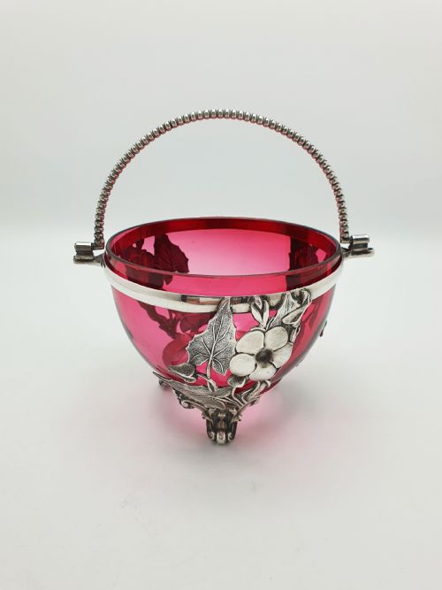 Lovely Antique Victorian Cranberry Glass & Silver Plated Sugar Bowl – Circa 1890