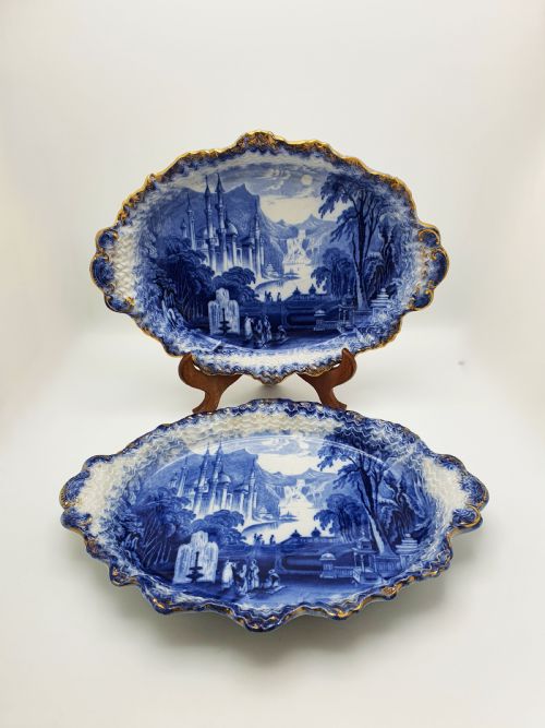 fig 1. Nice Pair of Victorian Flow Blue Dishes with Gilded Edges – circa 1890
