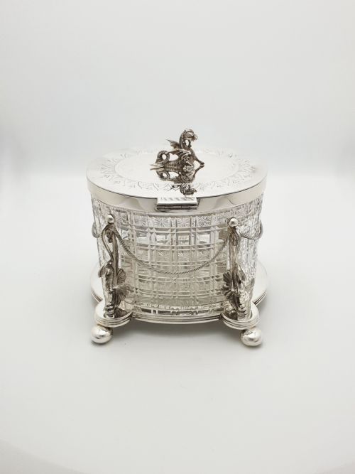 MAGNIFICENT ANTIQUE VICTORIAN BISCUIT BARREL WITH HERALDIC DRAGON FINIAL CIRCA 1870 - ADDITIONAL PHOTO 7