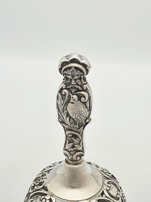 RARE STERLING SILVER AND GLASS TABLE BELL WITH ORNATE FIGURAL HANDLE 1896 - ADDITIONAL PHOTO 1