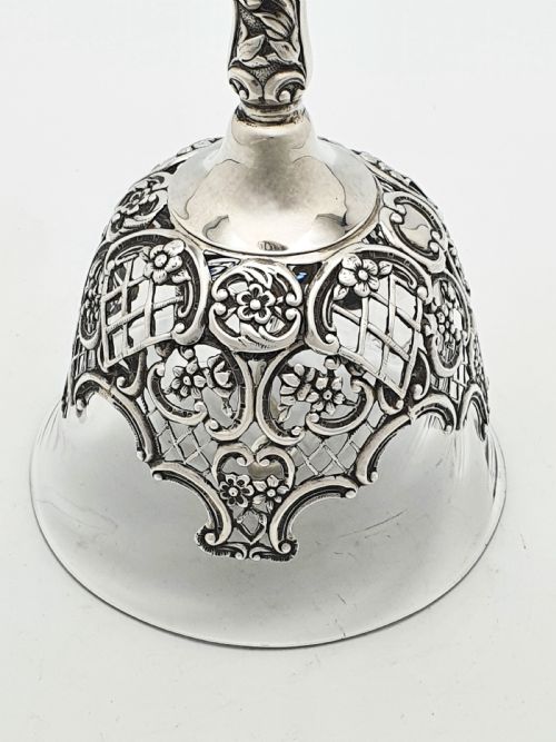 RARE STERLING SILVER AND GLASS TABLE BELL WITH ORNATE FIGURAL HANDLE 1896 - ADDITIONAL PHOTO 2