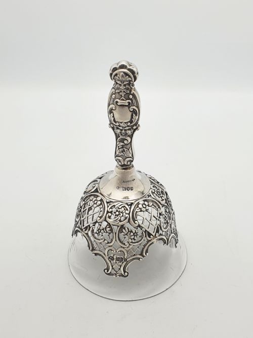RARE STERLING SILVER AND GLASS TABLE BELL WITH ORNATE FIGURAL HANDLE 1896 - ADDITIONAL PHOTO 3
