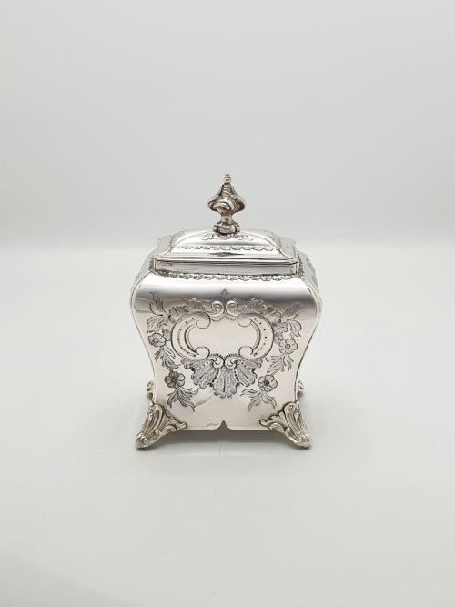 fig 1. Lovely Antique Silver-Plated Tea Caddy with Shell Spoon – circa 1860