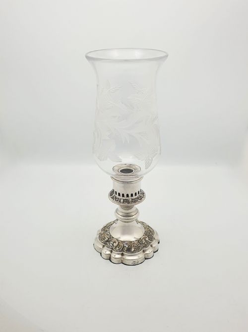 Antique Silver Plated Hurricane Lamp with Etched Glass Shade – Circa 1920