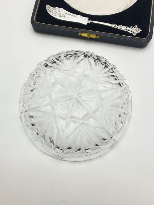 FABULOUS LARGE EDWARDIAN CUT CRYSTAL BUTTER DISH STERLING SILVER SPREADER 1903 - ADDITIONAL PHOTO 5