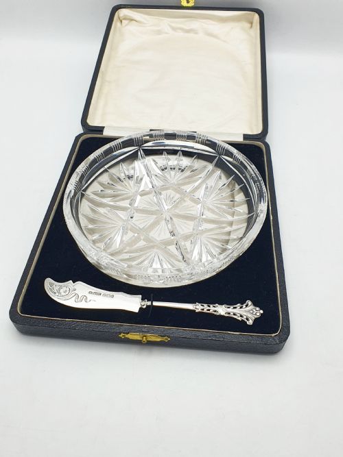 FABULOUS LARGE EDWARDIAN CUT CRYSTAL BUTTER DISH STERLING SILVER SPREADER 1903 - ADDITIONAL PHOTO 6