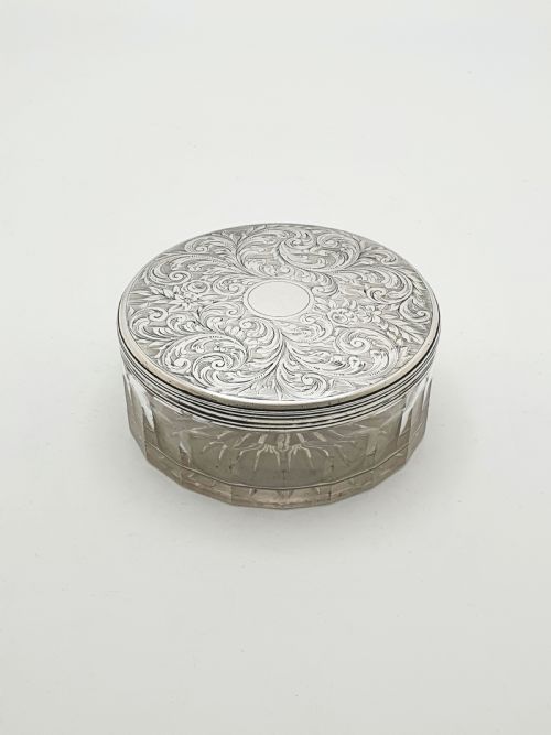 fig 1. Early Victorian Cut Glass Jar with Engraved Sterling Silver Lid - 1855