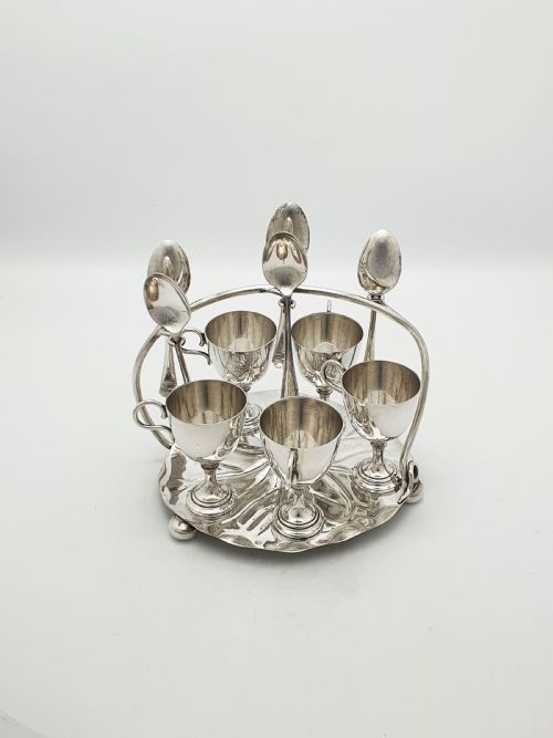 fig 1. Gorgeous Victorian Silver-Plated Lily Pad Egg Cruet Set for Five – circa 1890