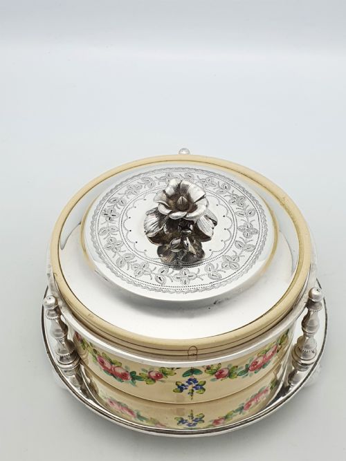 fig 1. Antique Victorian Hand-Painted Ceramic and Silver Plate Serving Dish – circa 1890