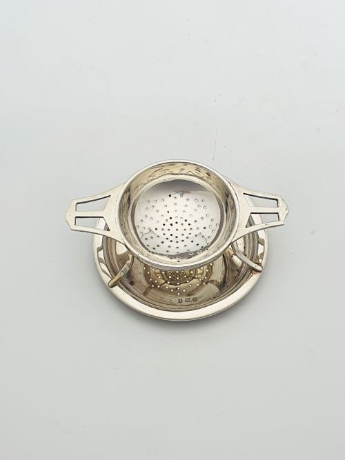 Pretty Antique Sterling Silver Tea Strainer with Drip Bowl - 1923