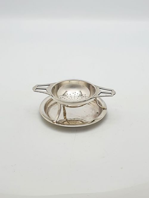 fig 1. Pretty Antique Sterling Silver Tea Strainer with Drip Bowl - 1923