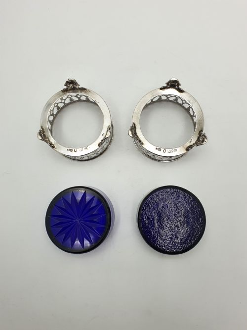 PAIR OF ANTIQUE VICTORIAN SILVER SALT CELLARS WITH COBALT GLASS LINERS 1842 - ADDITIONAL PHOTO 10