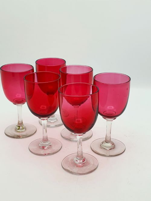 SET OF 6 VICTORIAN CRANBERRY GLASS WINE GLASSES HANDBLOWN STEMWARE CIRCA 1890 - ADDITIONAL PHOTO 2