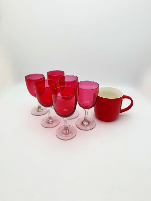 SET OF 6 VICTORIAN CRANBERRY GLASS WINE GLASSES HANDBLOWN STEMWARE CIRCA 1890 - ADDITIONAL PHOTO 5