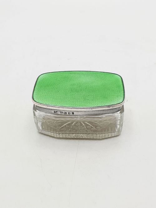 ART DECO STERLING SILVER GUILLOCH ENAMEL AND ETCHED GLASS JAR LONDON 1929 - ADDITIONAL PHOTO 2