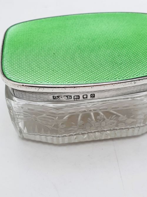 ART DECO STERLING SILVER GUILLOCH ENAMEL AND ETCHED GLASS JAR LONDON 1929 - ADDITIONAL PHOTO 3