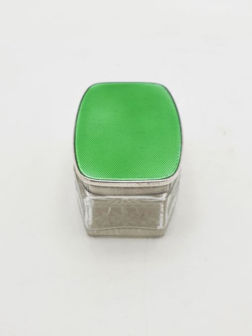 ART DECO STERLING SILVER GUILLOCH ENAMEL AND ETCHED GLASS JAR LONDON 1929 - ADDITIONAL PHOTO 6
