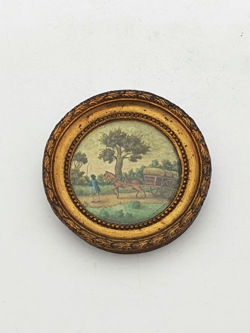 fig 1. Miniature Hand-Painted Victorian Pastoral Scene in Gilt Gesso Frame – circa 1850