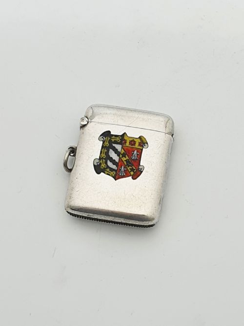 Antique Edwardian Sterling Silver Vesta Case with Enamel Crest - 1905