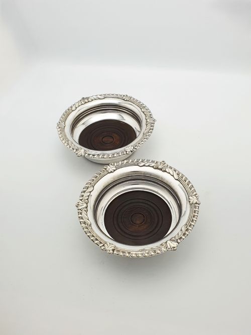 Pair of Antique Silver Plate & Mahogany Wine Bottle Coasters – Circa 1920
