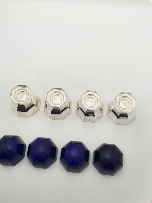 SET OF 4 ART DECO SILVER PLATED SALT CELLARS WITH COBALT GLASS LINERS CIRCA 1930 - ADDITIONAL PHOTO 11