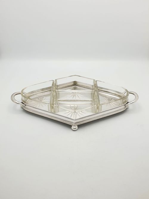 NICE ANTIQUE STARBURST GLASS SILVERPLATED SERVING TRAY CIRCA 1920 - ADDITIONAL PHOTO 3
