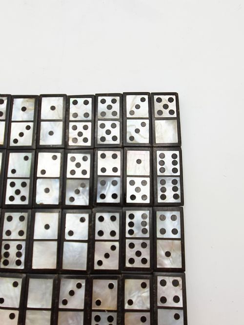 fig 1. Fabulous Mother-of-Pearl & Black Domino Set with Drawstring Pouch – circa 1850