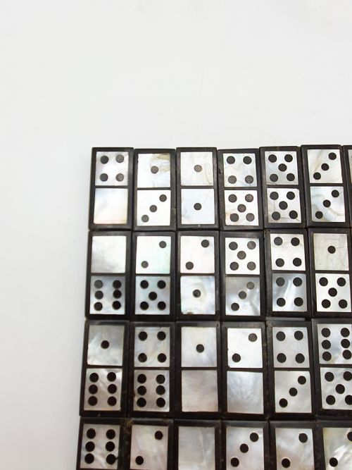 fig 2. Fabulous Mother-of-Pearl & Black Domino Set with Drawstring Pouch – circa 1850