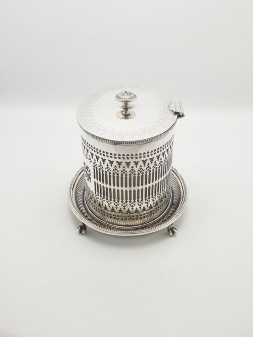 ANTIQUE SILVER PLATED PIERCED BISCUIT BARREL WITH GLASS LINER CIRCA 1905 - ADDITIONAL PHOTO 5